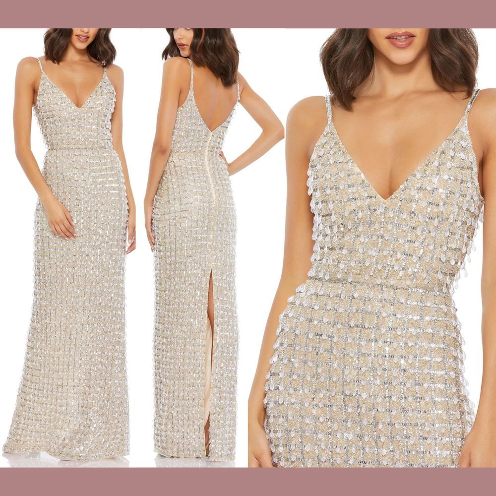 NWT $598 Mac Duggal [ 4 ] Geometric‎ Embellished Crystal Drop V-Neck Gown #G1706